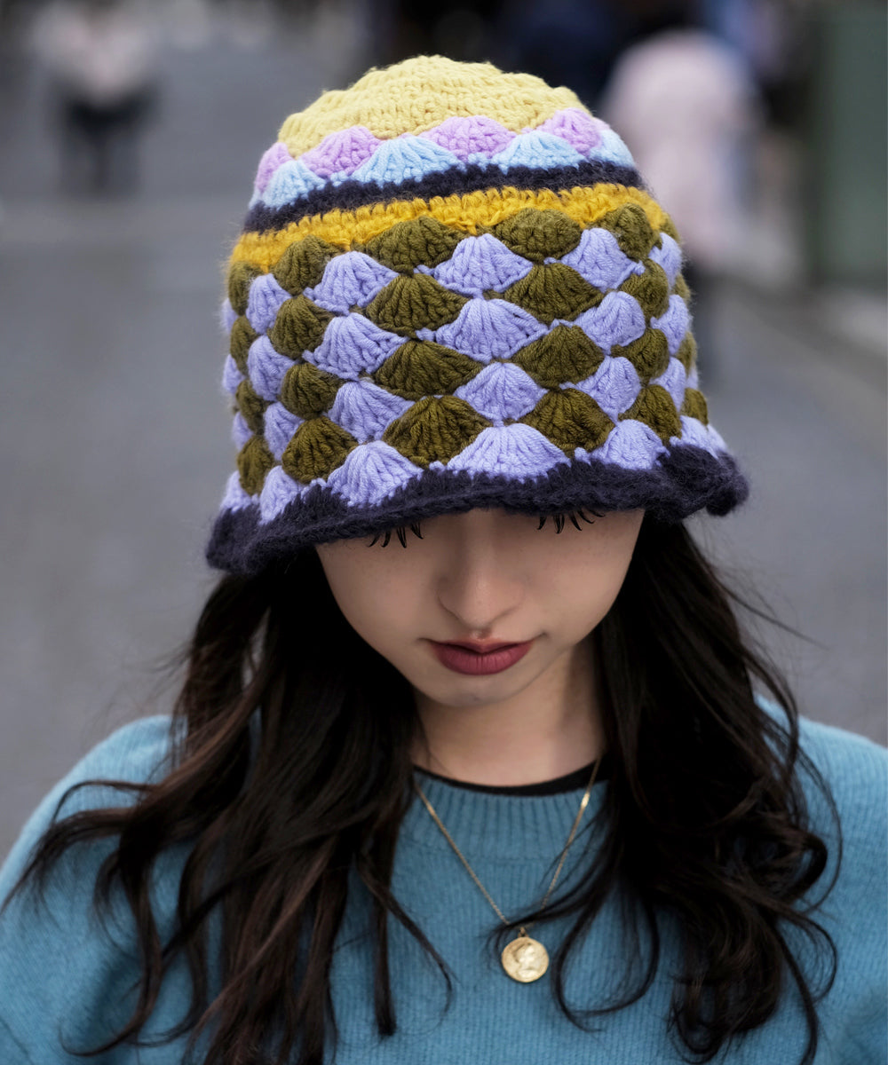 HOMEGAME - KNIT HAT MULTI PATTERN OLIVE 【HG231404】