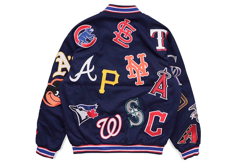 JH design - MLB ALLOVER EMBROIDERED VARSITY JACKET NAVY【MLB303CLG2】