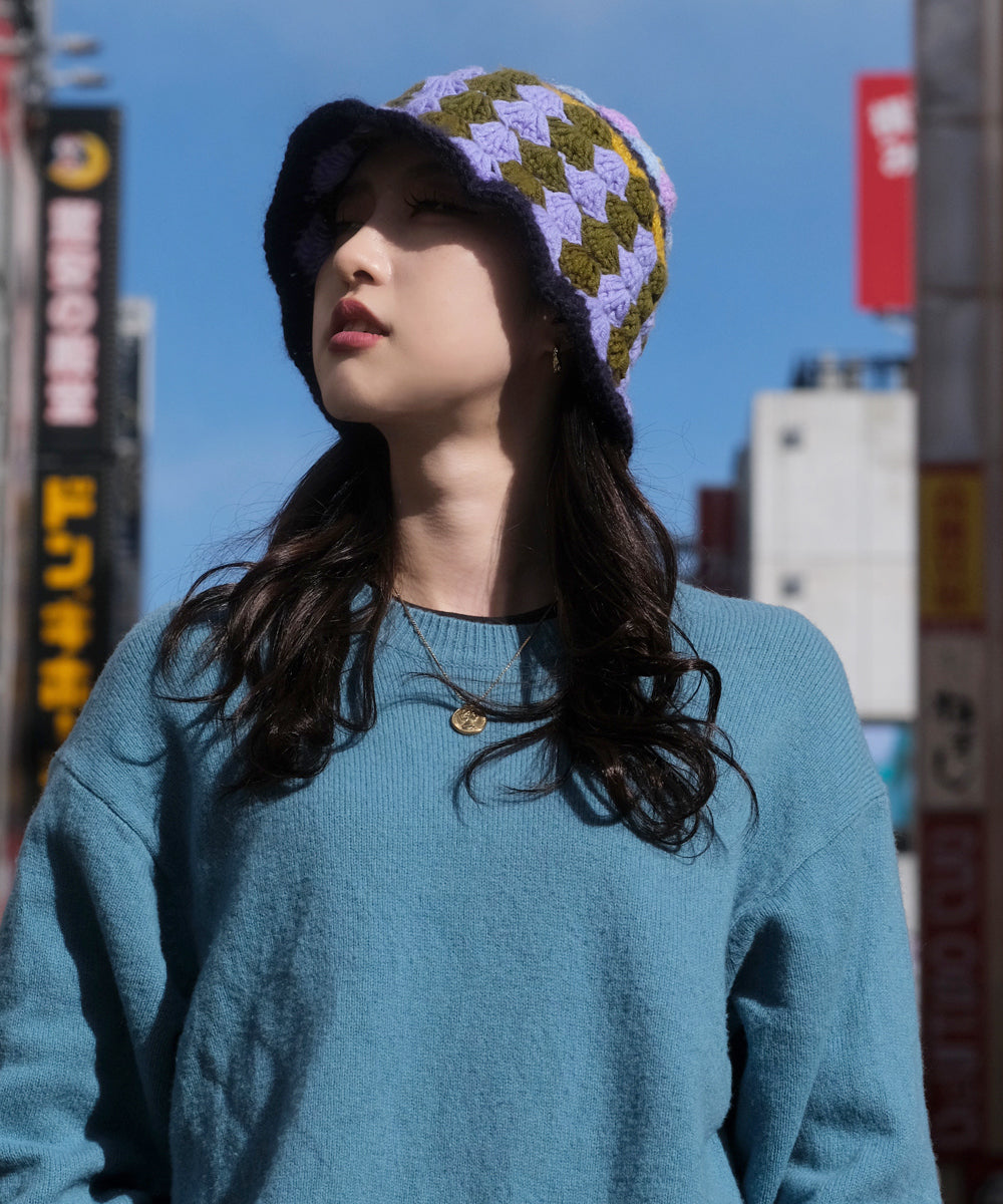 HOMEGAME - KNIT HAT MULTI PATTERN OLIVE 【HG231404】