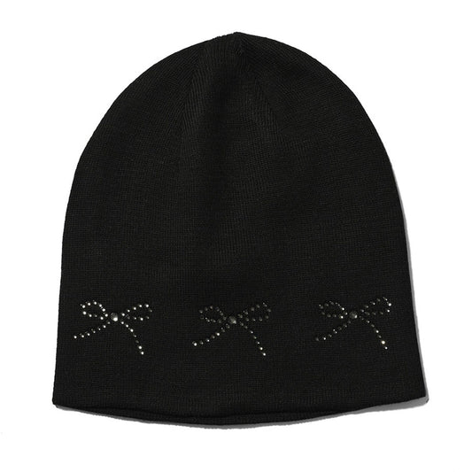 黑色絲帶水鑽毛線帽