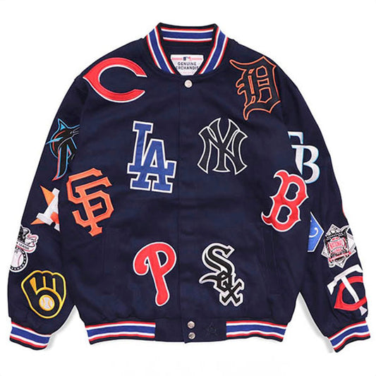 JH design - MLB ALLOVER EMBROIDERED VARSITY JACKET NAVY【MLB303CLG2】