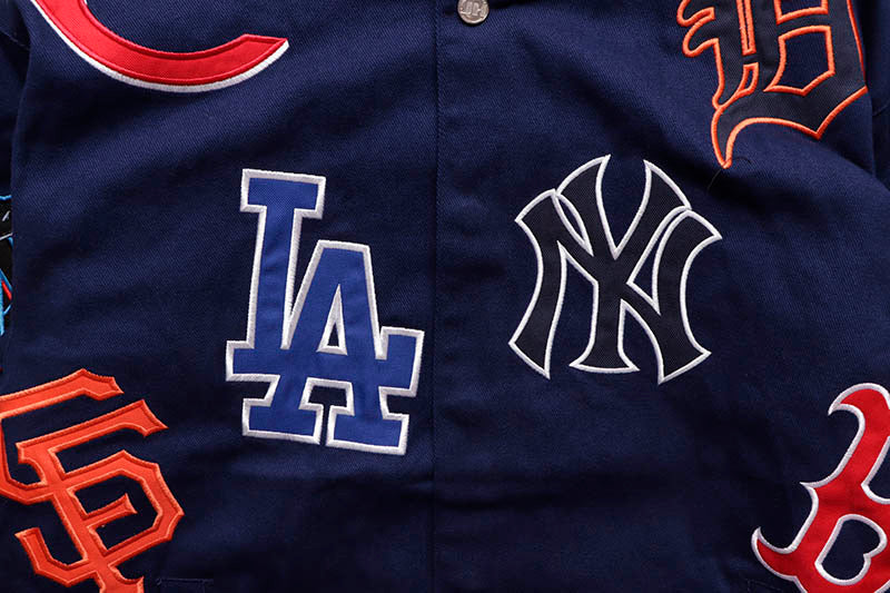 JH design - MLB ALLOVER EMBROIDERED VARSITY JACKET NAVY【MLB303CLG2】