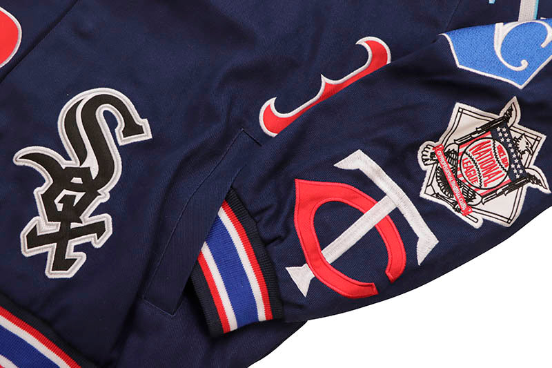 JH design - MLB ALLOVER EMBROIDERED VARSITY JACKET NAVY【MLB303CLG2】